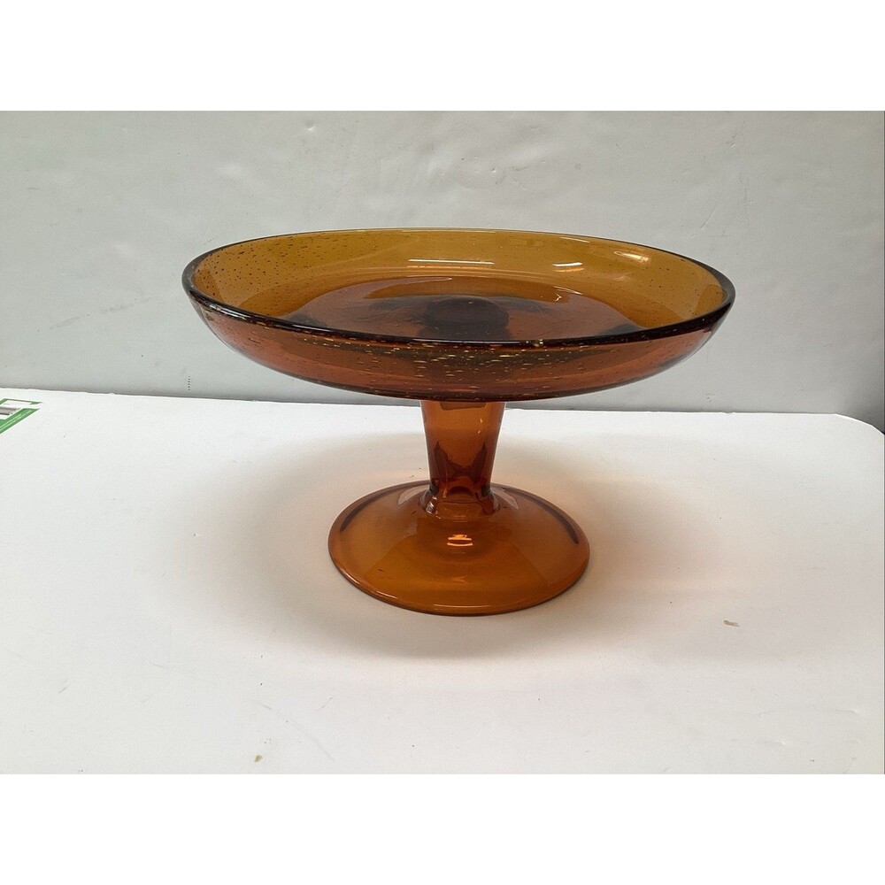 vintage amber glass pedestal stem round base 9” MCM
